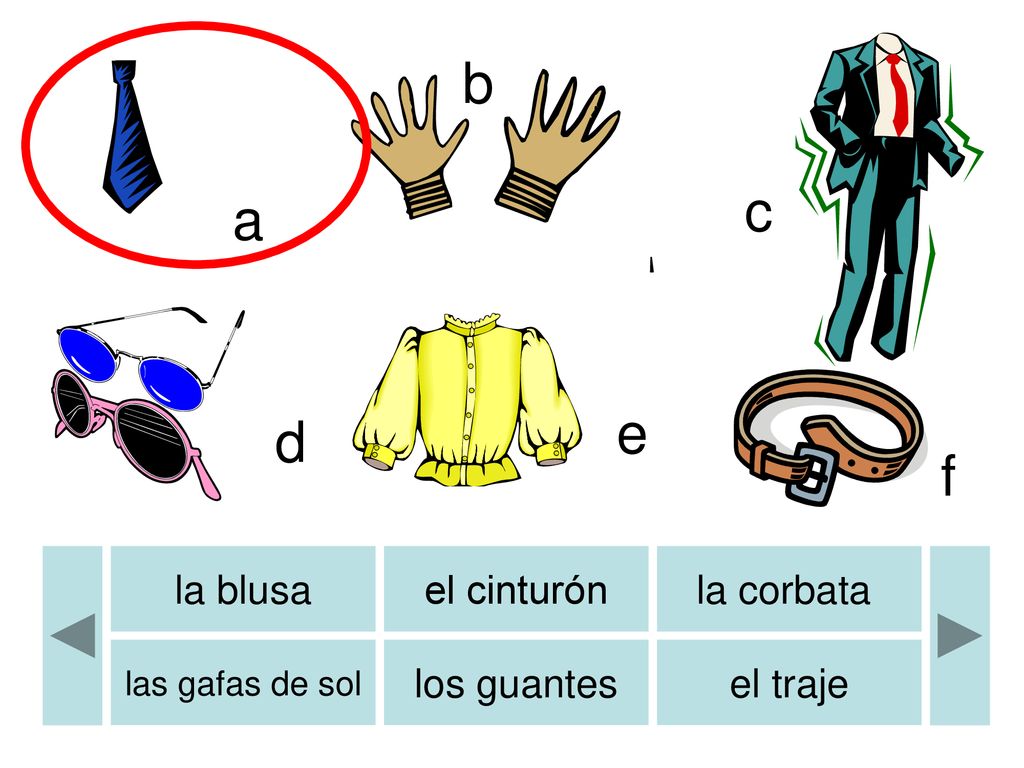 b b c a e d f la blusa el cinturón la corbata los guantes el traje