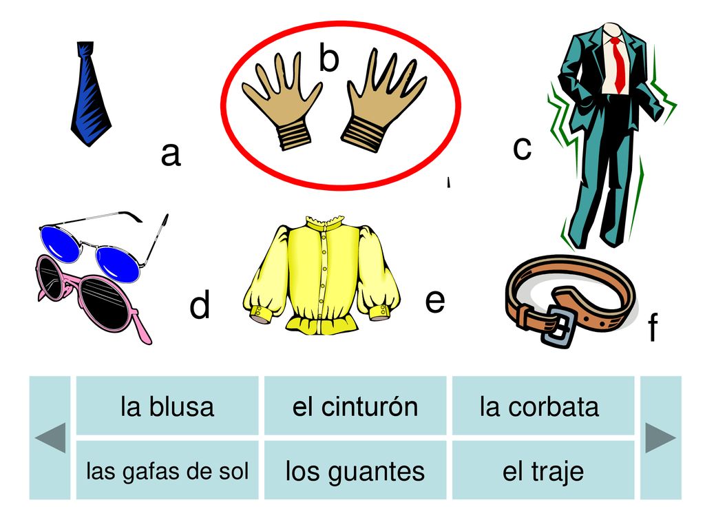 b b c a e d f la blusa el cinturón la corbata los guantes el traje