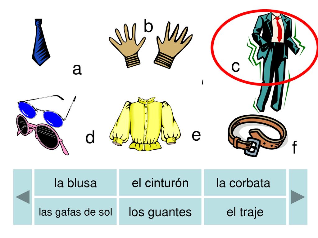 b b c a e d f la blusa el cinturón la corbata los guantes el traje
