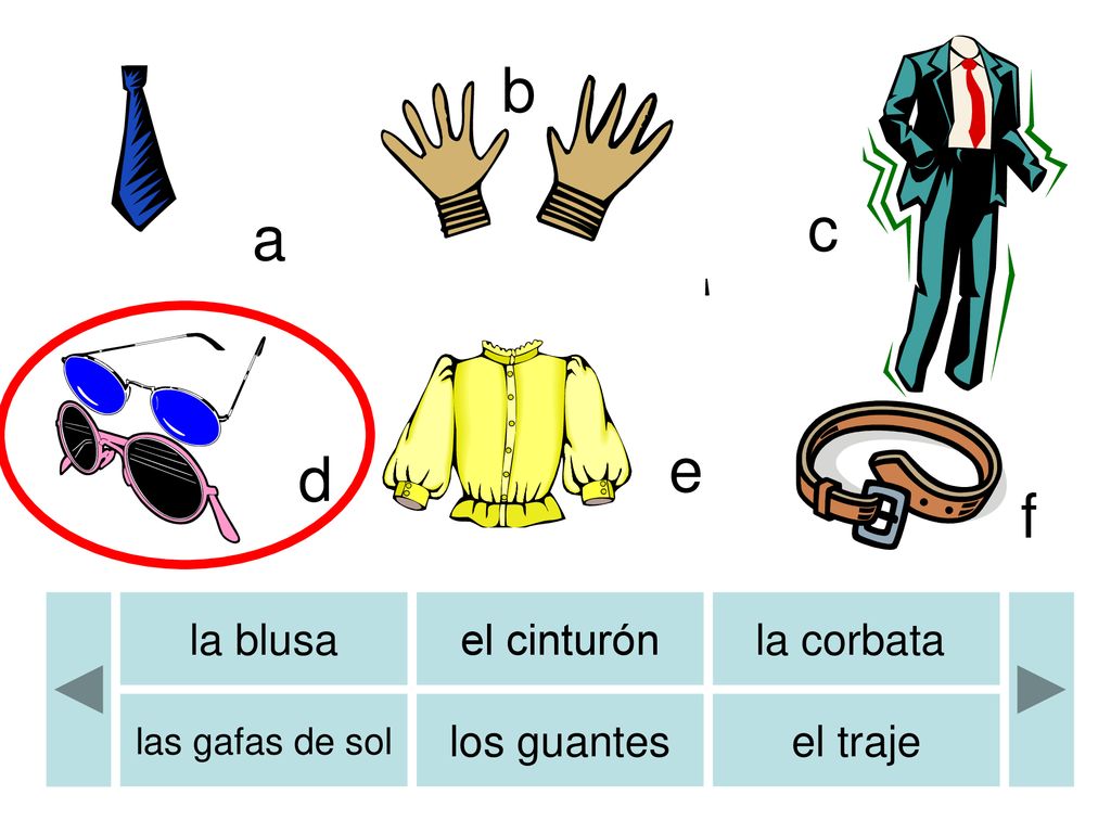 b b c a e d f la blusa el cinturón la corbata los guantes el traje