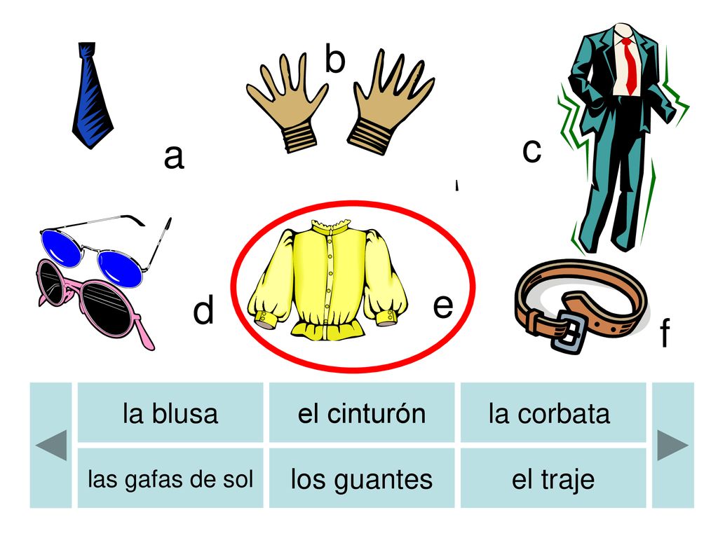 b b c a e d f la blusa el cinturón la corbata los guantes el traje