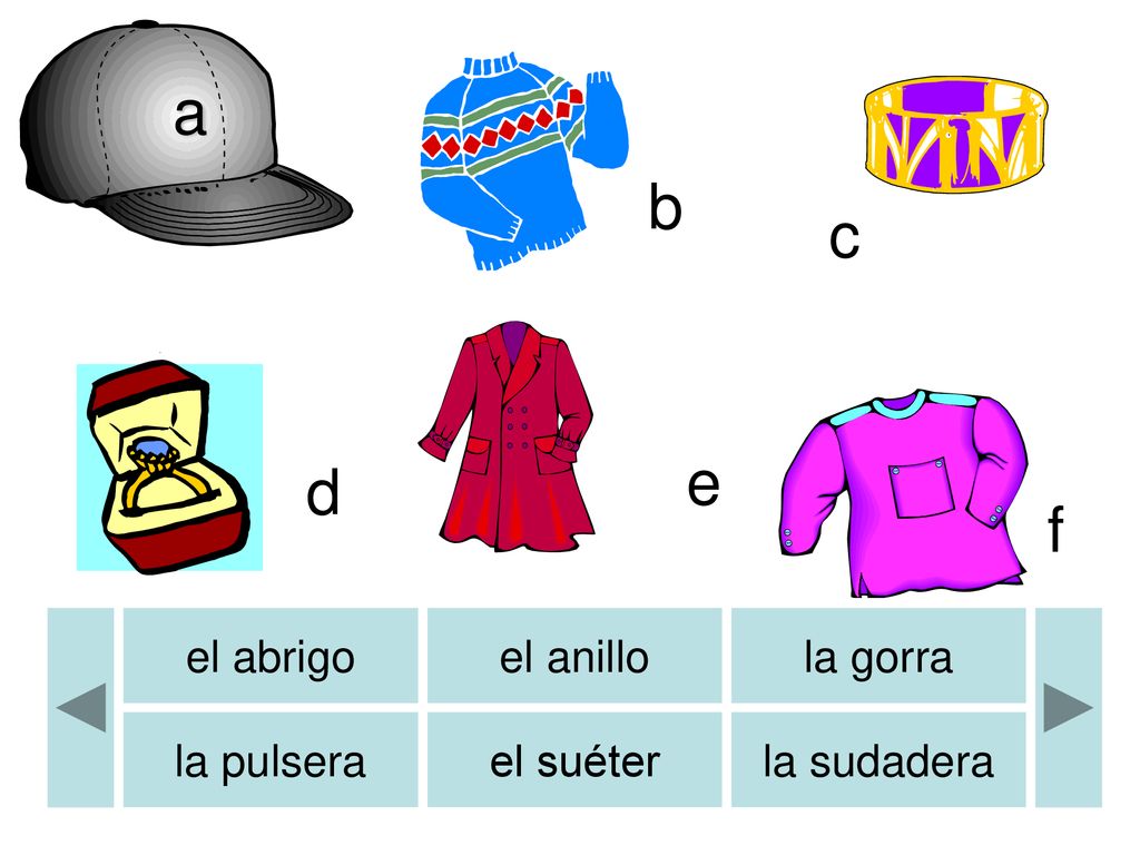 a b b c e d f el abrigo el anillo la gorra la pulsera el suéter