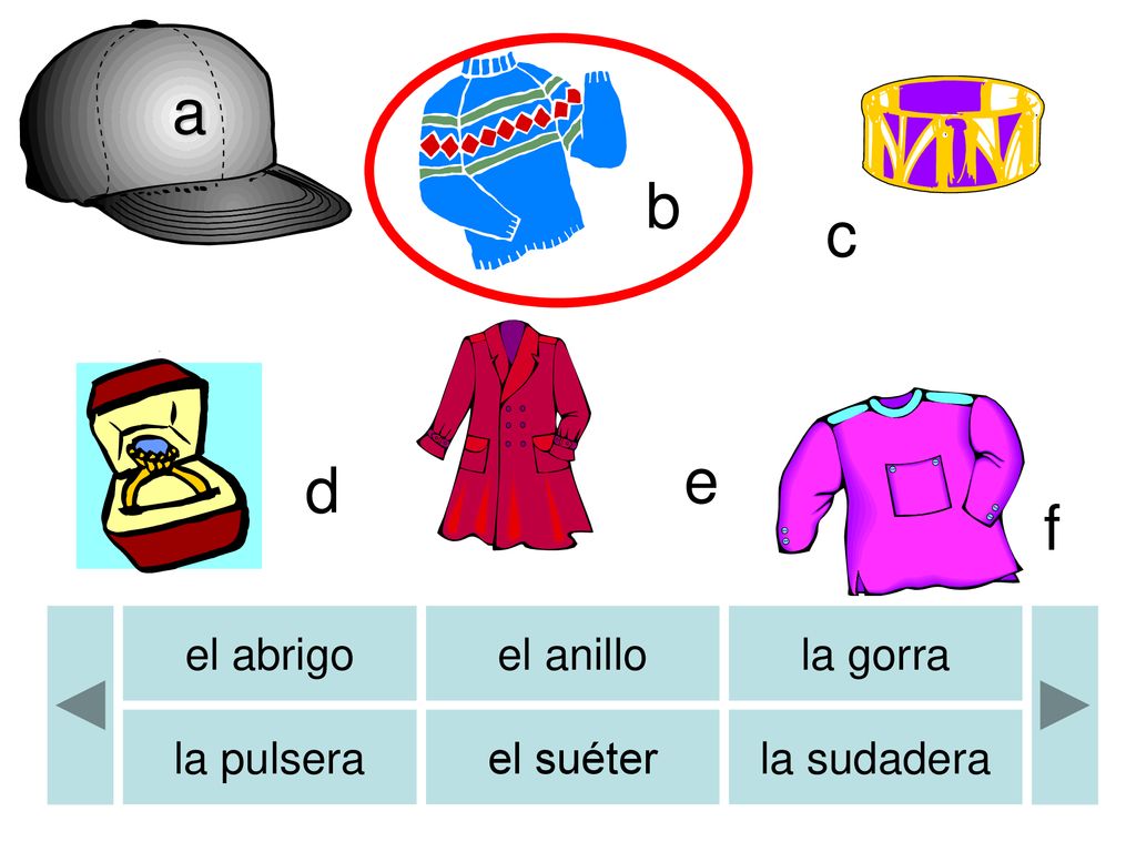 a b b c e d f el abrigo el anillo la gorra la pulsera el suéter