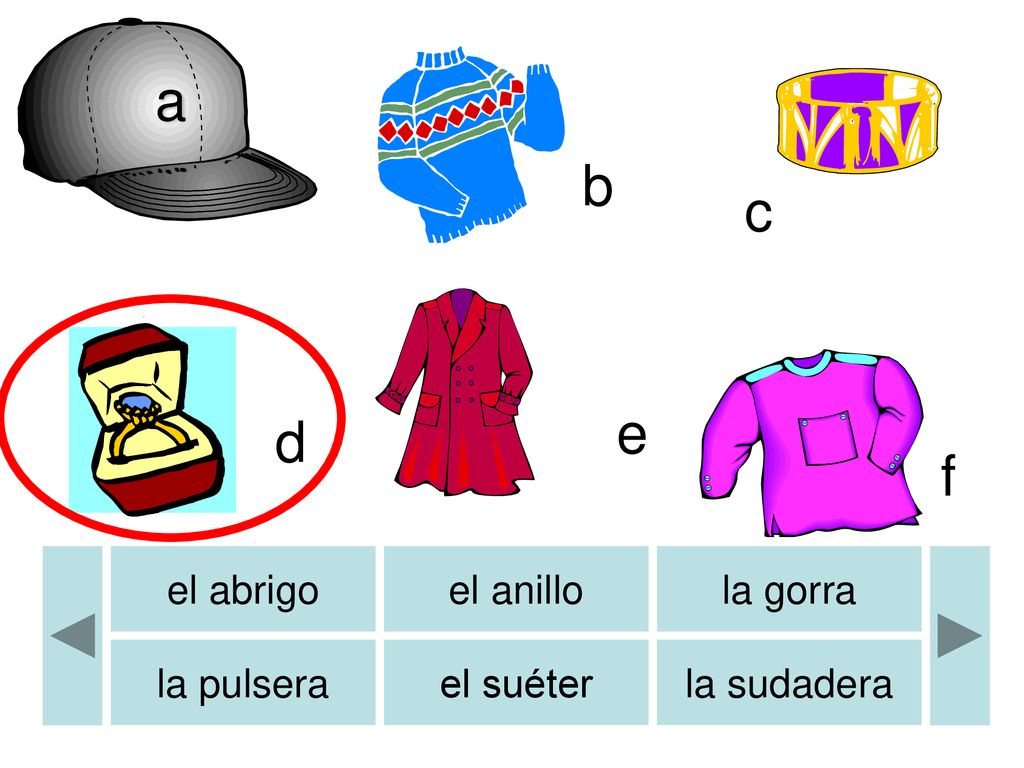 a b b c e d f el abrigo el anillo la gorra la pulsera el suéter