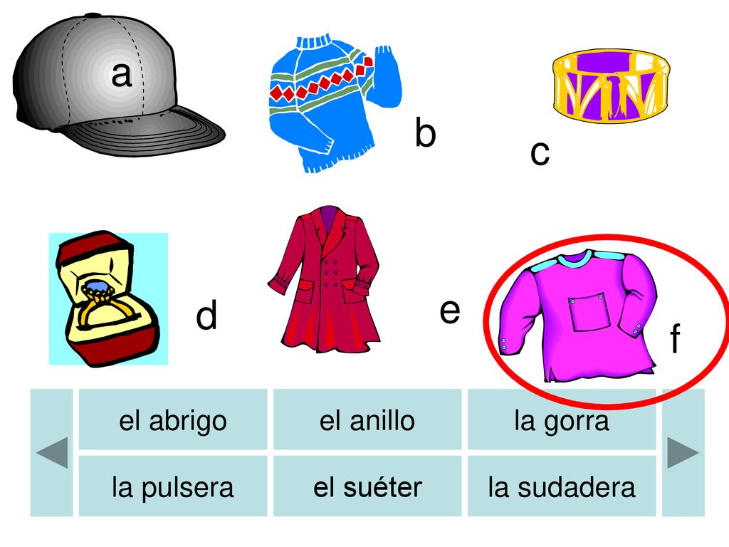 a b b c e d f el abrigo el anillo la gorra la pulsera el suéter