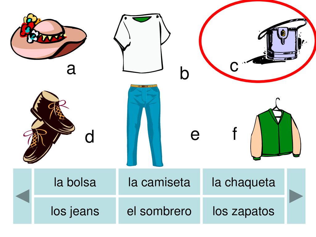 c a b e f d la bolsa la camiseta la chaqueta los jeans el sombrero