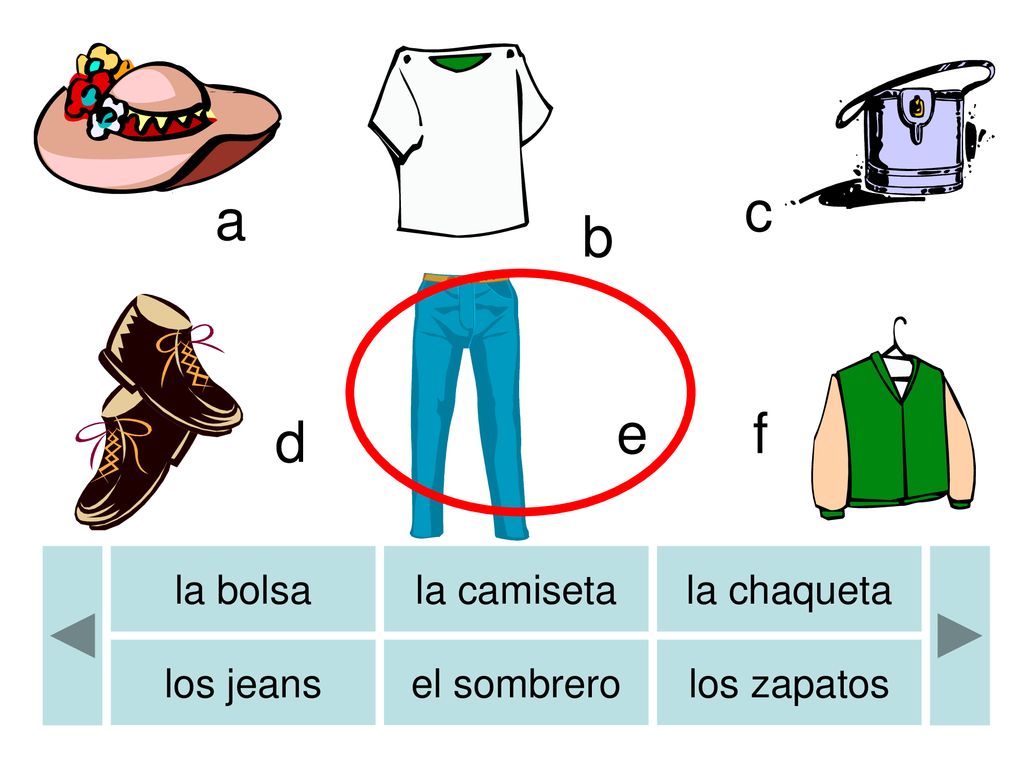 c a b e f d la bolsa la camiseta la chaqueta los jeans el sombrero