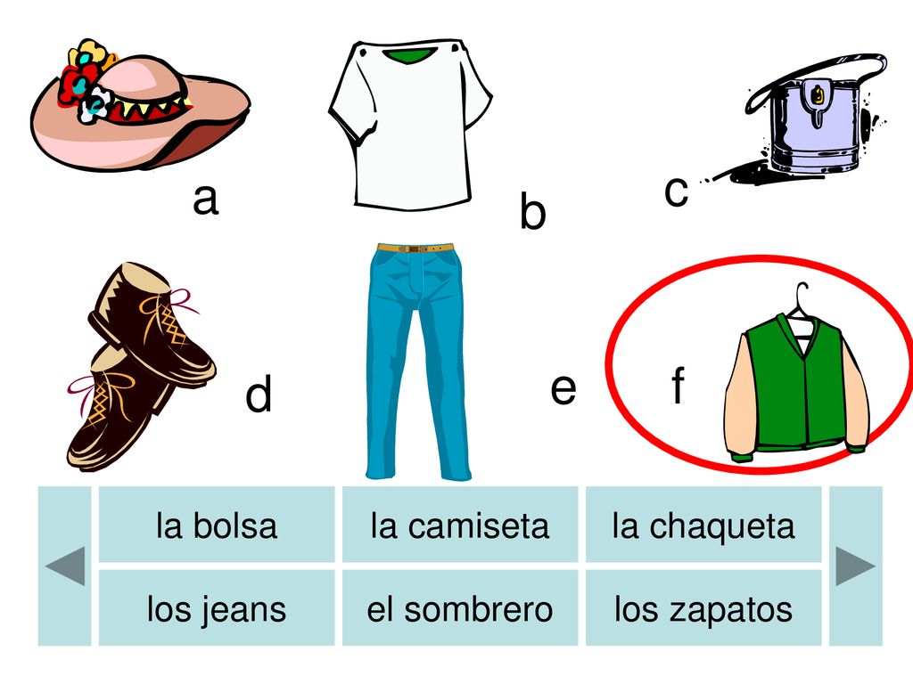 c a b e f d la bolsa la camiseta la chaqueta los jeans el sombrero