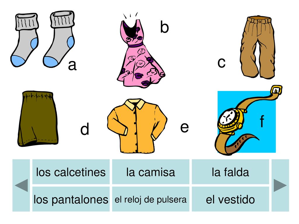 b b c a f e d los calcetines la camisa la falda los pantalones