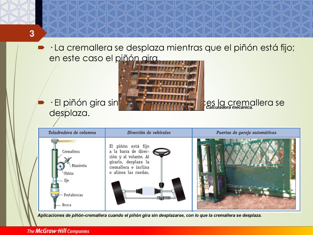 · El piñón gira sin desplazarse; entonces la cremallera se desplaza.