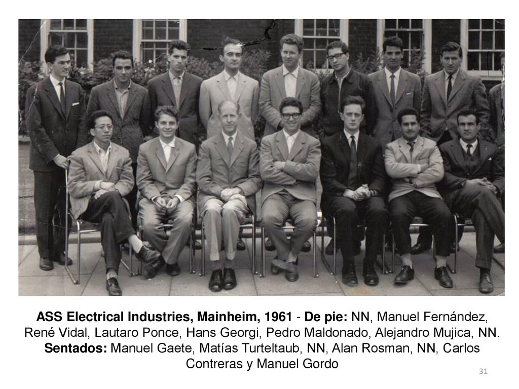 ASS Electrical Industries, Mainheim, De pie: NN, Manuel Fernández, René Vidal, Lautaro Ponce, Hans Georgi, Pedro Maldonado, Alejandro Mujica, NN.