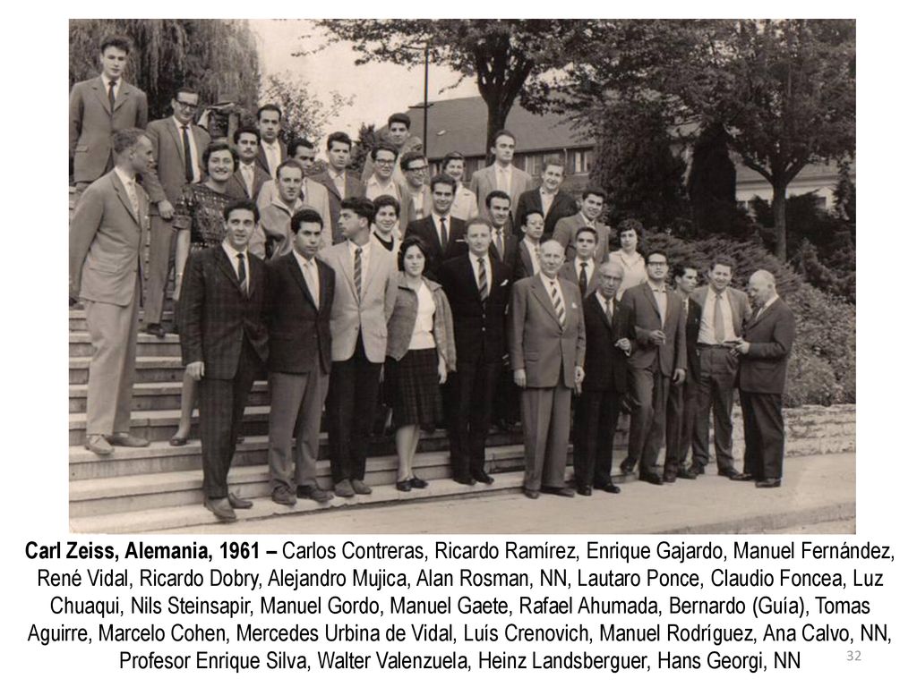 Carl Zeiss, Alemania, 1961 – Carlos Contreras, Ricardo Ramírez, Enrique Gajardo, Manuel Fernández, René Vidal, Ricardo Dobry, Alejandro Mujica, Alan Rosman, NN, Lautaro Ponce, Claudio Foncea, Luz Chuaqui, Nils Steinsapir, Manuel Gordo, Manuel Gaete, Rafael Ahumada, Bernardo (Guía), Tomas Aguirre, Marcelo Cohen, Mercedes Urbina de Vidal, Luís Crenovich, Manuel Rodríguez, Ana Calvo, NN, Profesor Enrique Silva, Walter Valenzuela, Heinz Landsberguer, Hans Georgi, NN