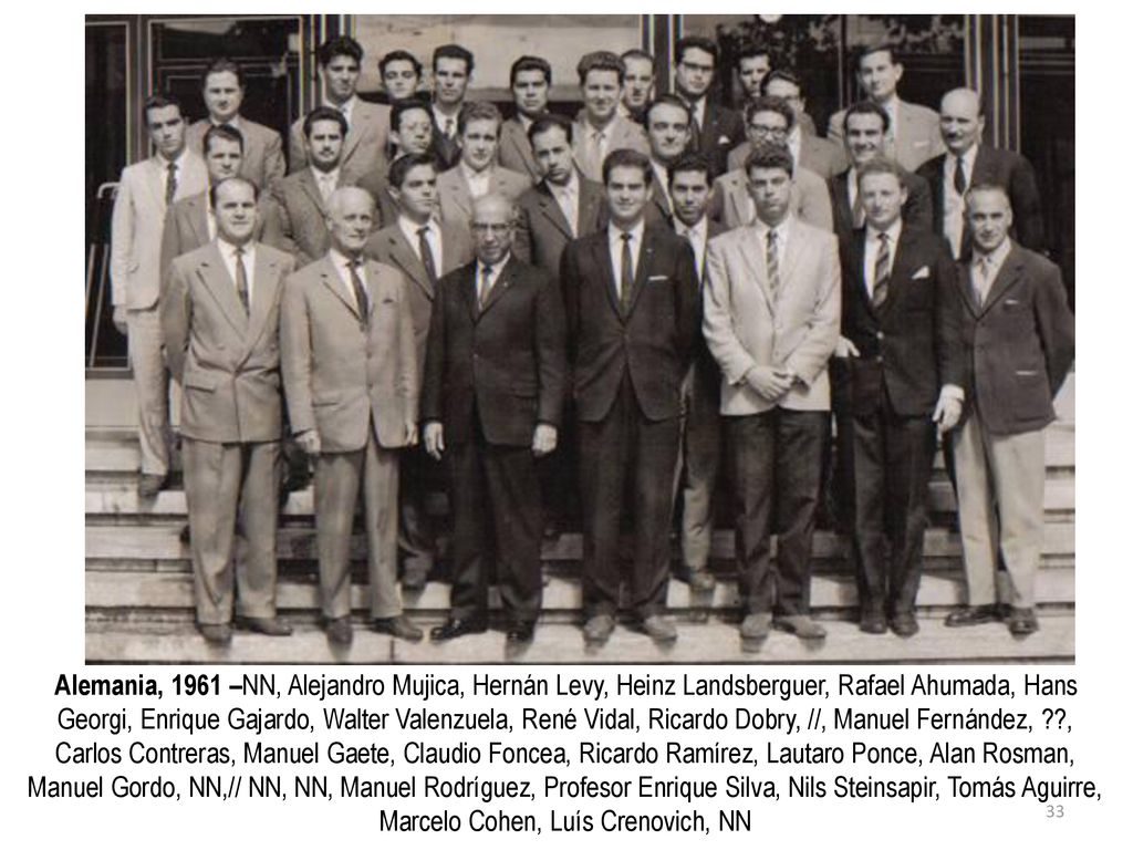 Alemania, 1961 –NN, Alejandro Mujica, Hernán Levy, Heinz Landsberguer, Rafael Ahumada, Hans Georgi, Enrique Gajardo, Walter Valenzuela, René Vidal, Ricardo Dobry, //, Manuel Fernández, , Carlos Contreras, Manuel Gaete, Claudio Foncea, Ricardo Ramírez, Lautaro Ponce, Alan Rosman, Manuel Gordo, NN,// NN, NN, Manuel Rodríguez, Profesor Enrique Silva, Nils Steinsapir, Tomás Aguirre, Marcelo Cohen, Luís Crenovich, NN