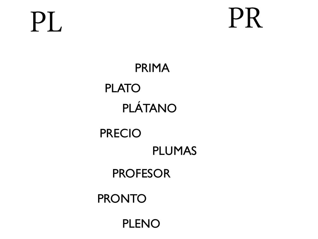 PR PL PRIMA PLATO PLÁTANO PRECIO PLUMAS PROFESOR PRONTO PLENO