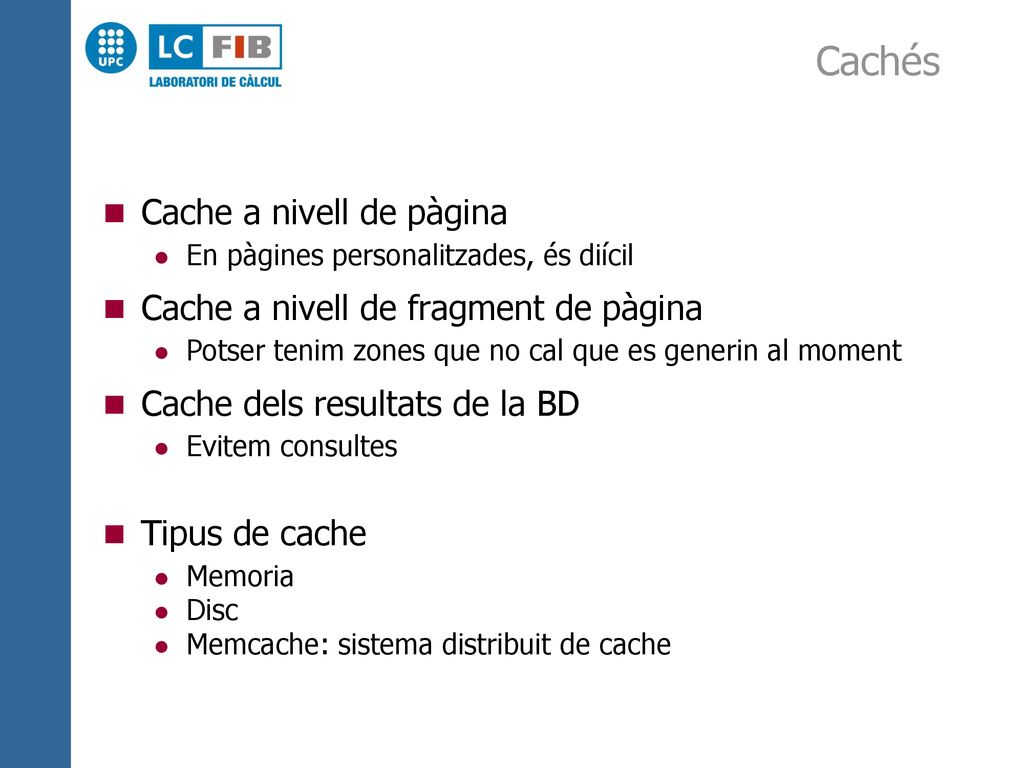 Cachés Cache a nivell de pàgina Cache a nivell de fragment de pàgina