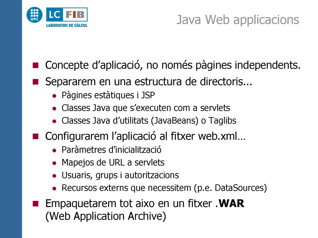 Java Web applicacions Concepte d’aplicació, no només pàgines independents. Separarem en una estructura de directoris...