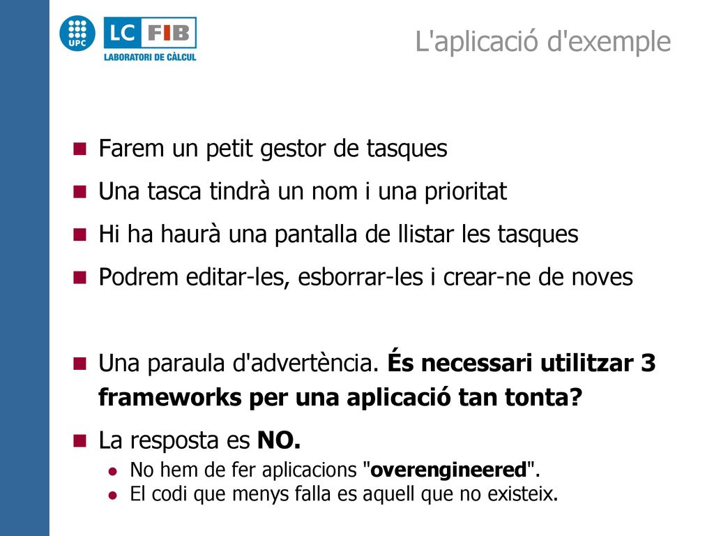 L aplicació d exemple Farem un petit gestor de tasques