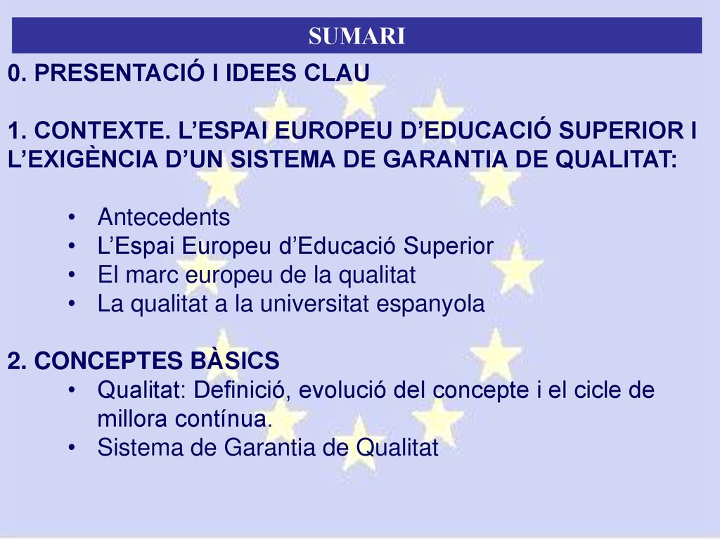 SUMARI 0. PRESENTACIÓ I IDEES CLAU. 1. CONTEXTE. L’ESPAI EUROPEU D’EDUCACIÓ SUPERIOR I L’EXIGÈNCIA D’UN SISTEMA DE GARANTIA DE QUALITAT: