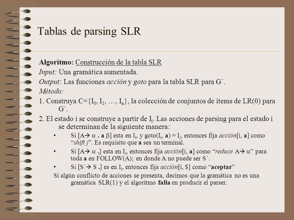Tablas de parsing SLR Algoritmo: Construcción de la tabla SLR