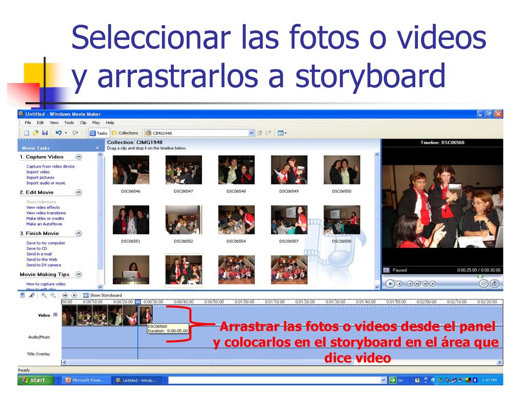 Seleccionar las fotos o videos y arrastrarlos a storyboard