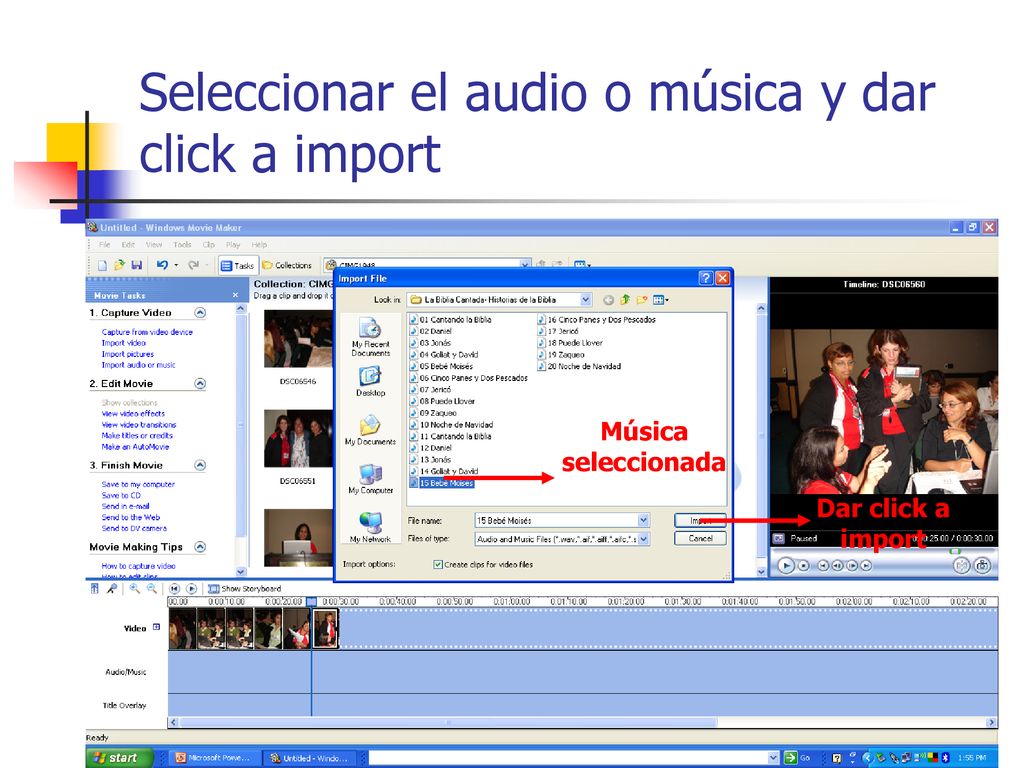 Seleccionar el audio o música y dar click a import