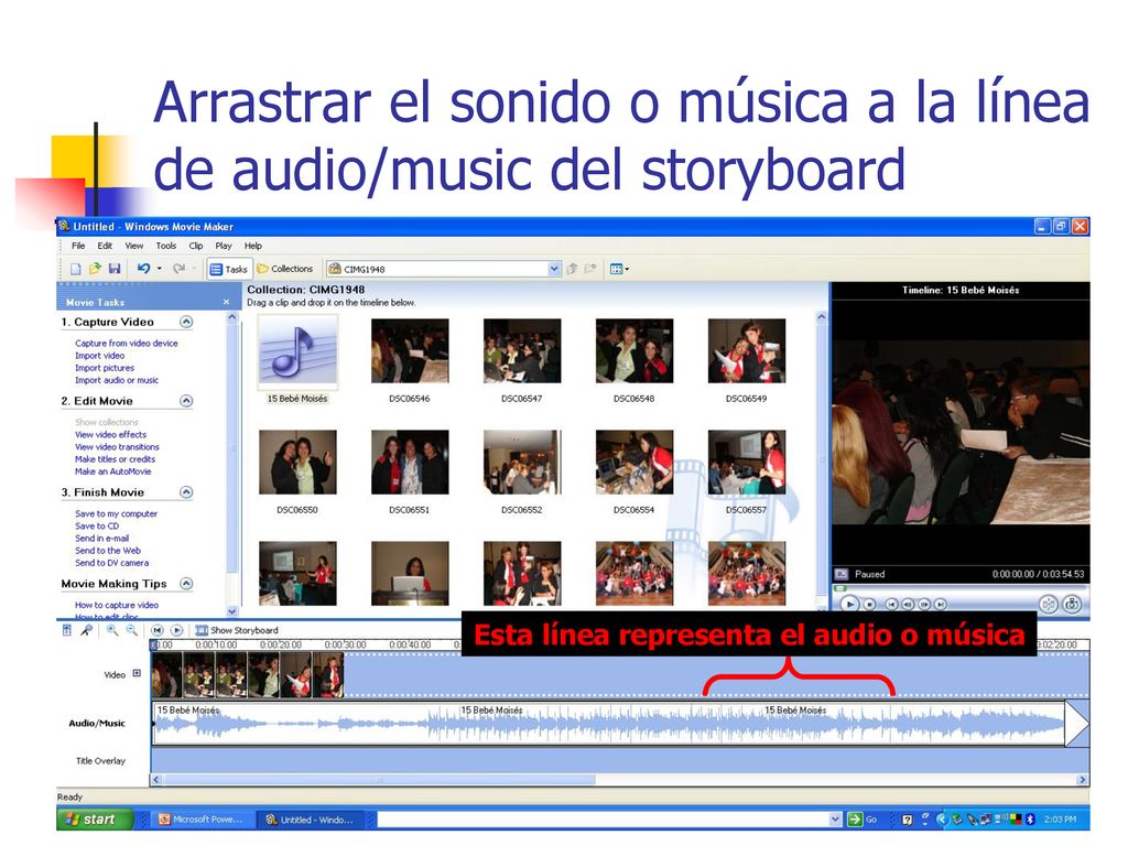 Arrastrar el sonido o música a la línea de audio/music del storyboard