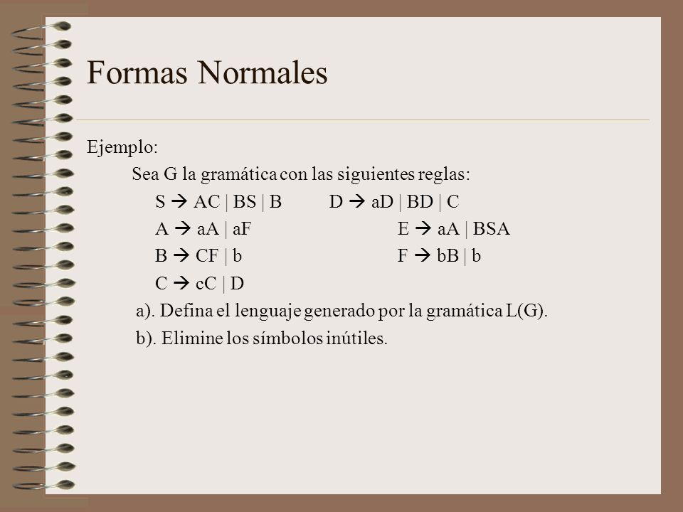 Formas Normales Ejemplo: Sea G la gramática con las siguientes reglas: