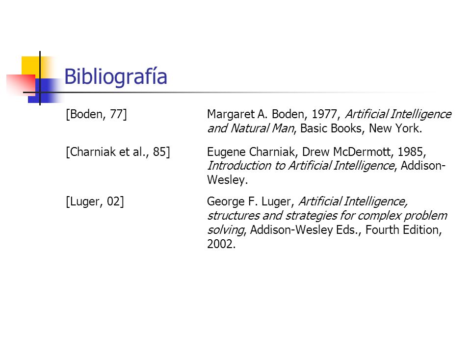 Bibliografía [Boden, 77] Margaret A. Boden, 1977, Artificial Intelligence and Natural Man, Basic Books, New York.