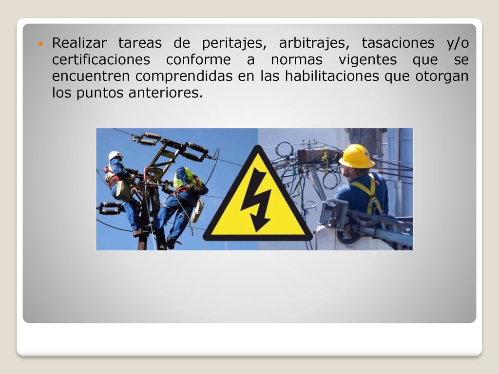 Realizar tareas de peritajes, arbitrajes, tasaciones y/o certificaciones conforme a normas vigentes que se encuentren comprendidas en las habilitaciones que otorgan los puntos anteriores.