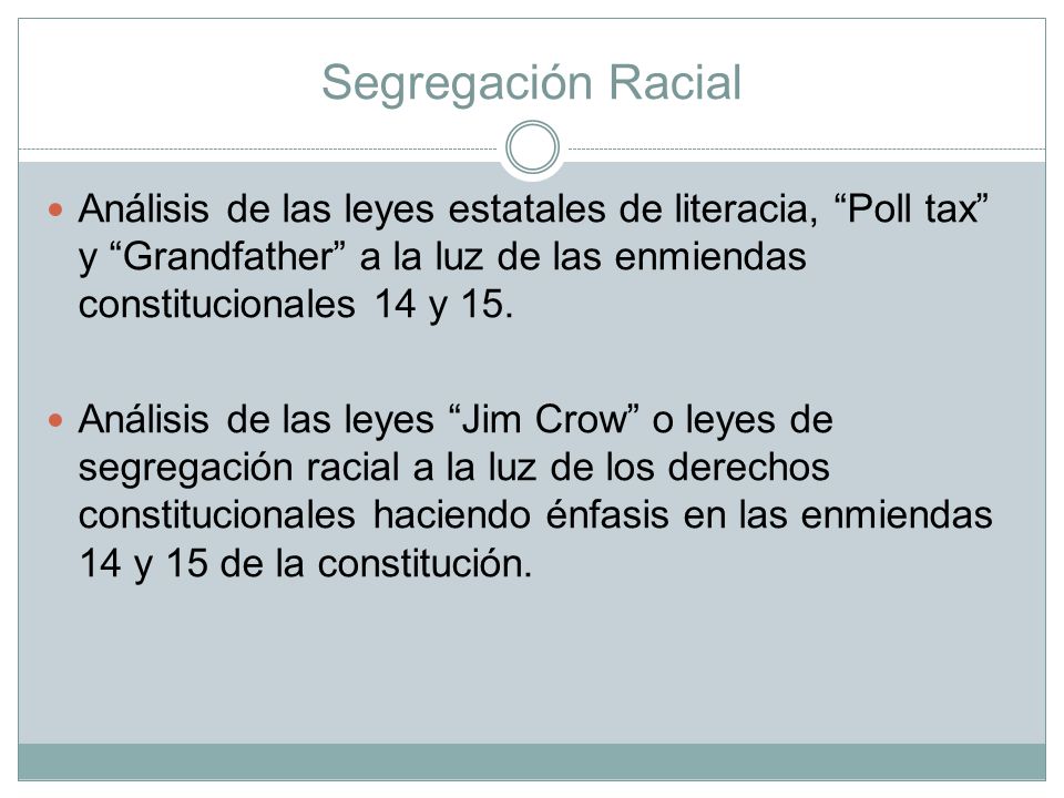 Segregación Racial Análisis de las leyes estatales de literacia, Poll tax y Grandfather a la luz de las enmiendas constitucionales 14 y 15.