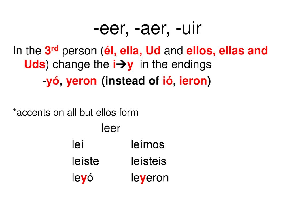 -eer, -aer, -uir In the 3rd person (él, ella, Ud and ellos, ellas and Uds) change the iy in the endings.