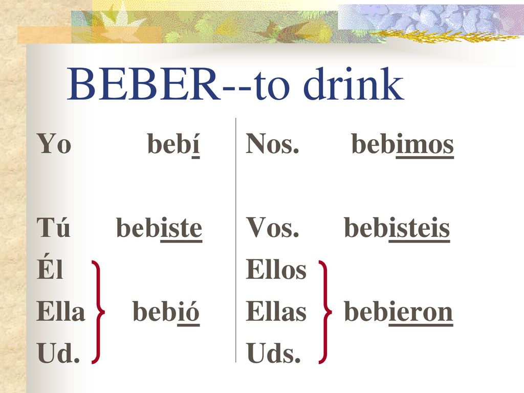BEBER--to drink Yo bebí Tú bebiste Él Ella bebió Ud. Nos. bebimos