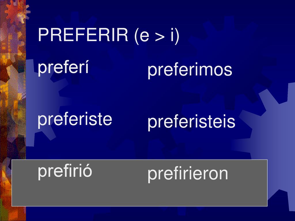 PREFERIR (e > i) preferí preferiste prefirió preferimos preferisteis prefirieron