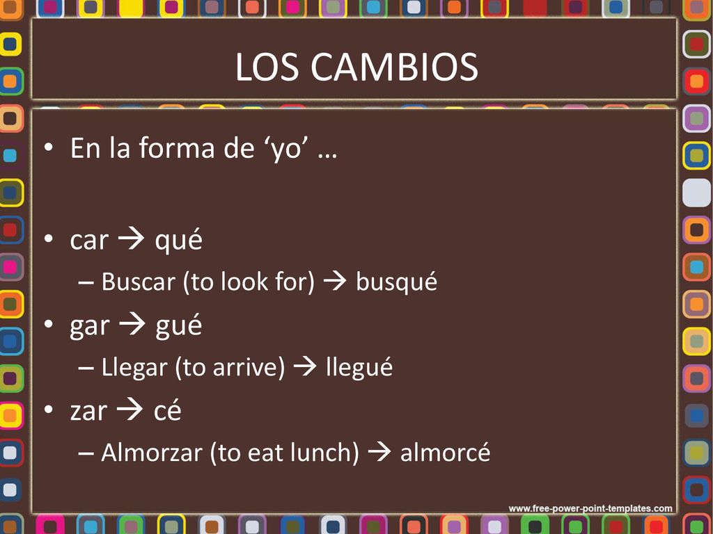 LOS CAMBIOS En la forma de ‘yo’ … car  qué gar  gué zar  cé