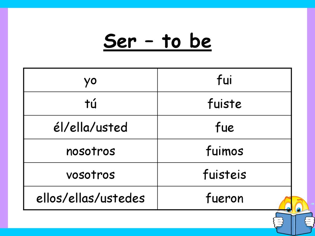 Ser – to be yo fui tú fuiste él/ella/usted fue nosotros fuimos