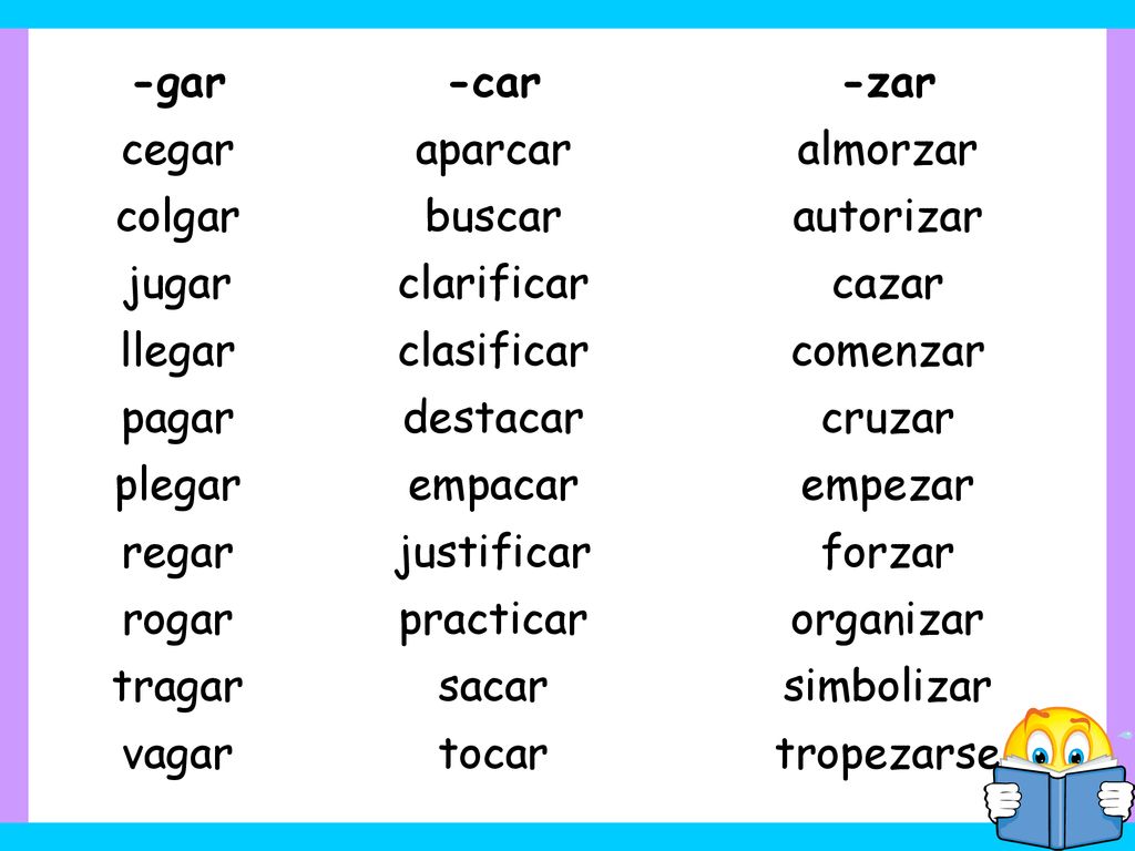 -gar -car. -zar. cegar. aparcar. almorzar. colgar. buscar. autorizar. jugar. clarificar. cazar.
