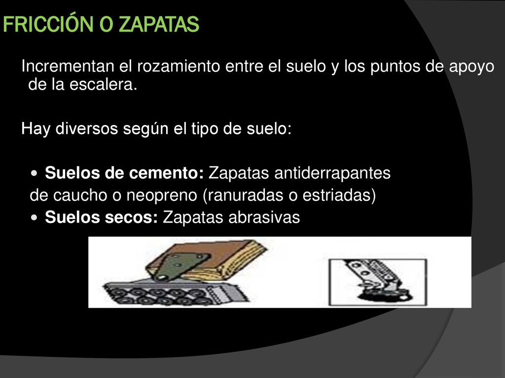 FRICCIÓN O ZAPATAS Incrementan el rozamiento entre el suelo y los puntos de apoyo de la escalera. Hay diversos según el tipo de suelo: