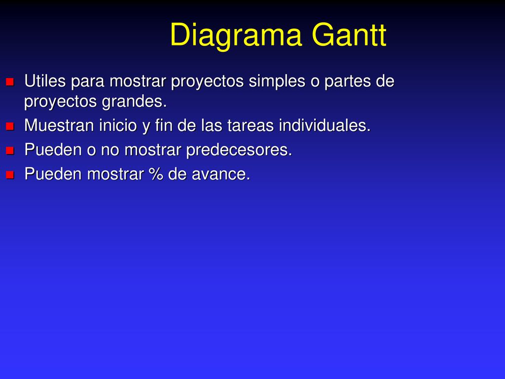 Diagrama Gantt Utiles para mostrar proyectos simples o partes de proyectos grandes. Muestran inicio y fin de las tareas individuales.