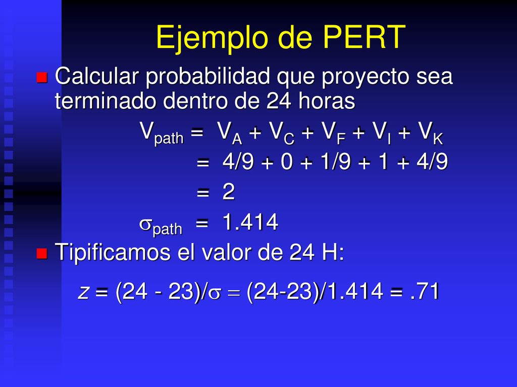 Ejemplo de PERT Calcular probabilidad que proyecto sea terminado dentro de 24 horas. Vpath = VA + VC + VF + VI + VK.