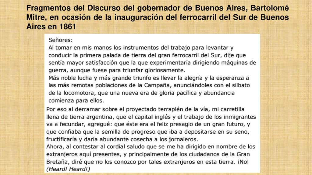 Fragmentos del Discurso del gobernador de Buenos Aires, Bartolomé Mitre, en ocasión de la inauguración del ferrocarril del Sur de Buenos Aires en 1861