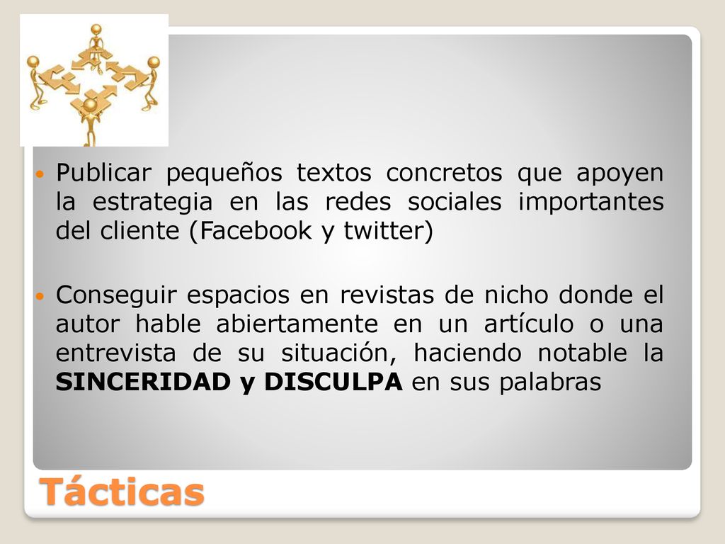 Publicar pequeños textos concretos que apoyen la estrategia en las redes sociales importantes del cliente (Facebook y twitter)