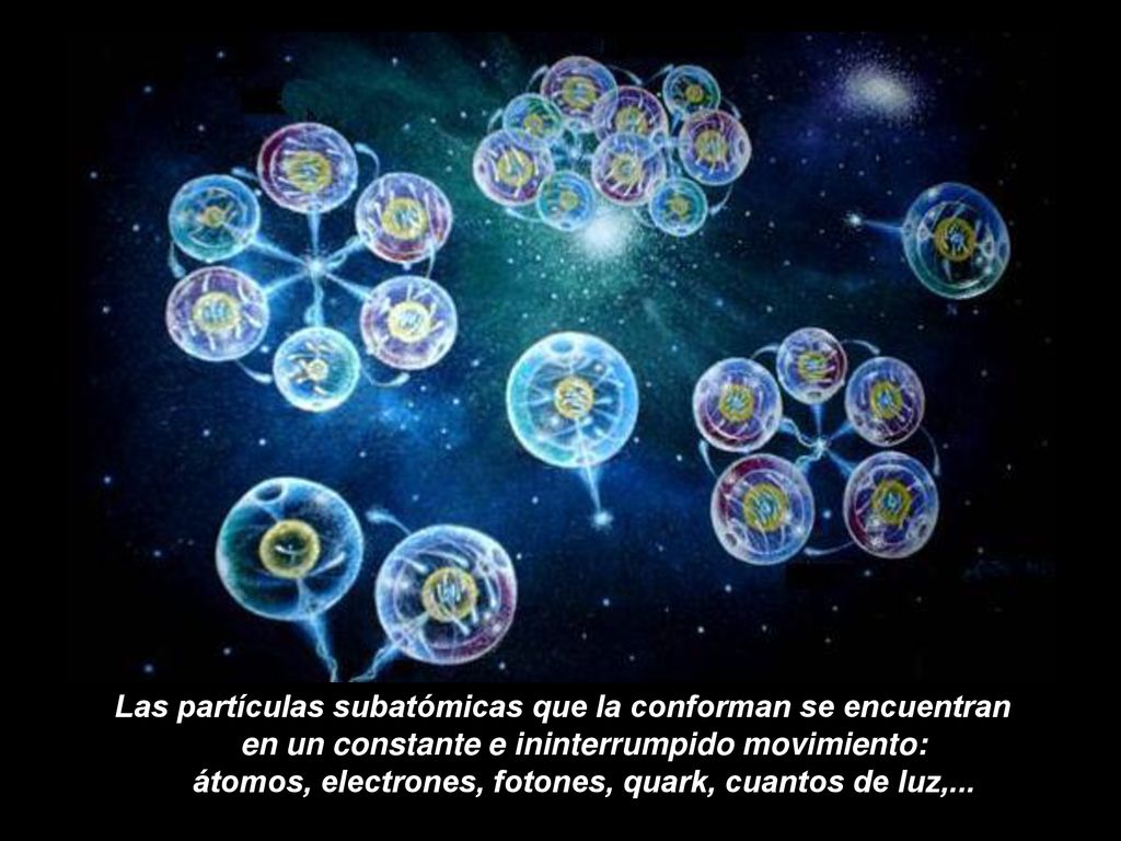 Las partículas subatómicas que la conforman se encuentran en un constante e ininterrumpido movimiento: átomos, electrones, fotones, quark, cuantos de luz,...
