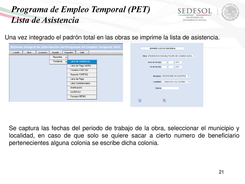 Programa de Empleo Temporal (PET) Lista de Asistencia