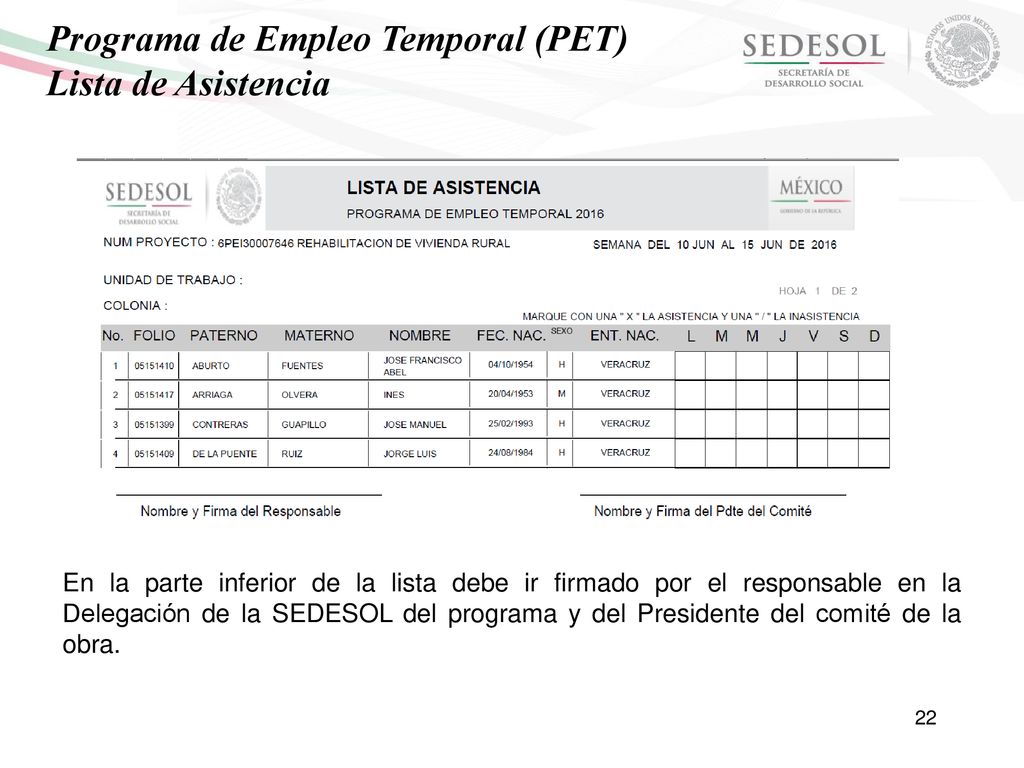 Programa de Empleo Temporal (PET) Lista de Asistencia
