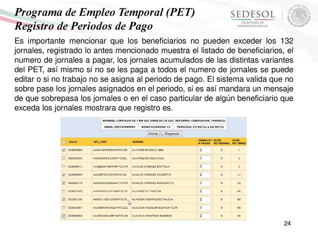 Programa de Empleo Temporal (PET) Registro de Periodos de Pago