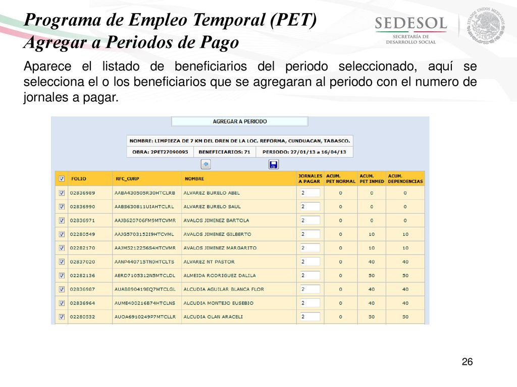 Programa de Empleo Temporal (PET) Agregar a Periodos de Pago