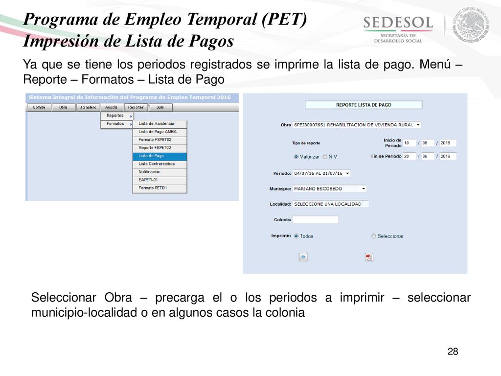 Programa de Empleo Temporal (PET) Impresión de Lista de Pagos