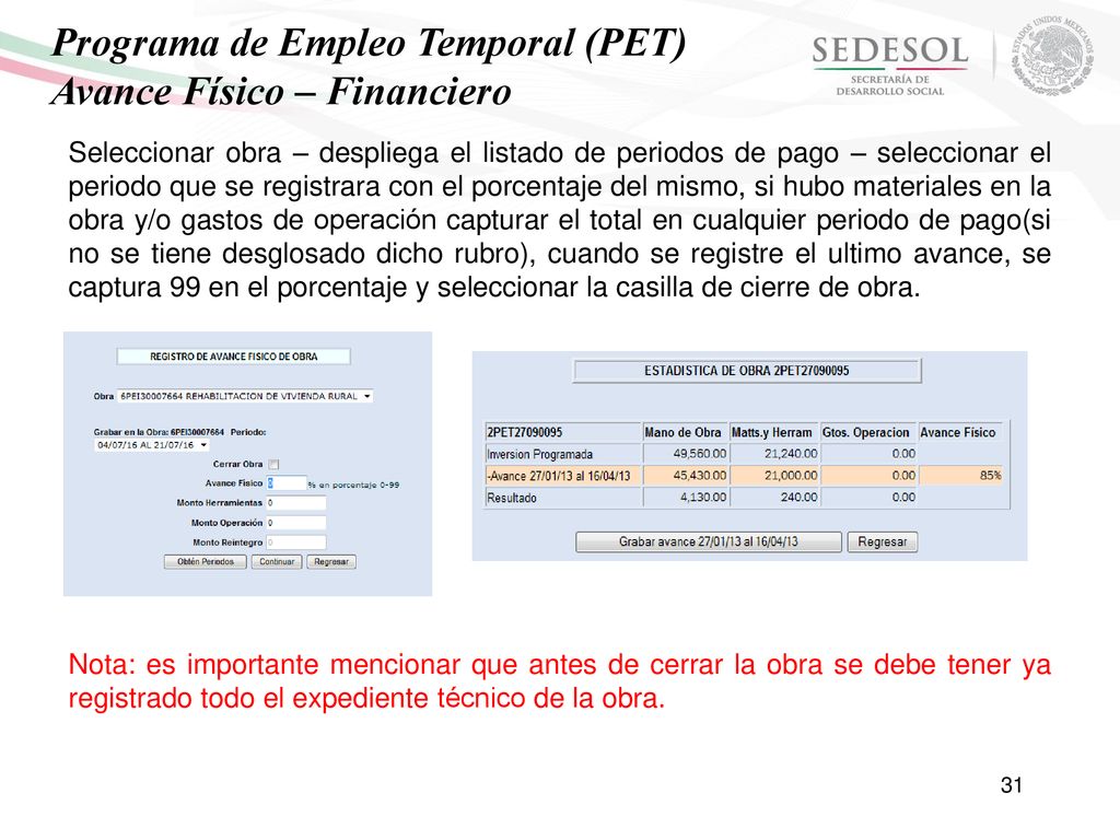Programa de Empleo Temporal (PET) Avance Físico – Financiero