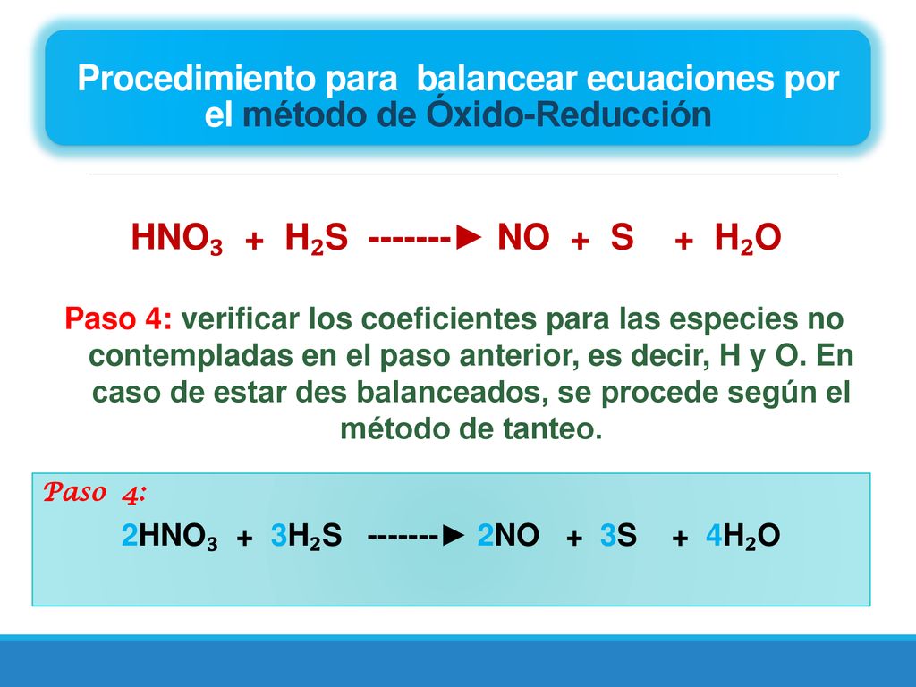 HNO₃ + H₂S ► NO + S + H₂O 2HNO₃ + 3H₂S ► 2NO + 3S + 4H₂O