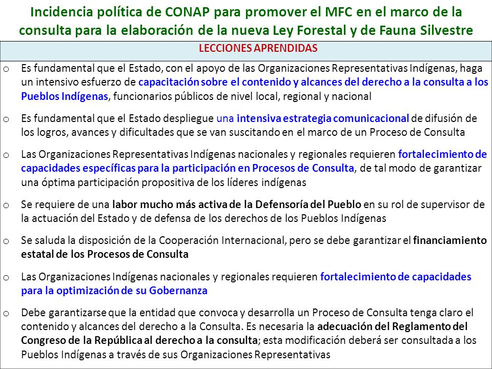 Incidencia política de CONAP para promover el MFC en el marco de la consulta para la elaboración de la nueva Ley Forestal y de Fauna Silvestre
